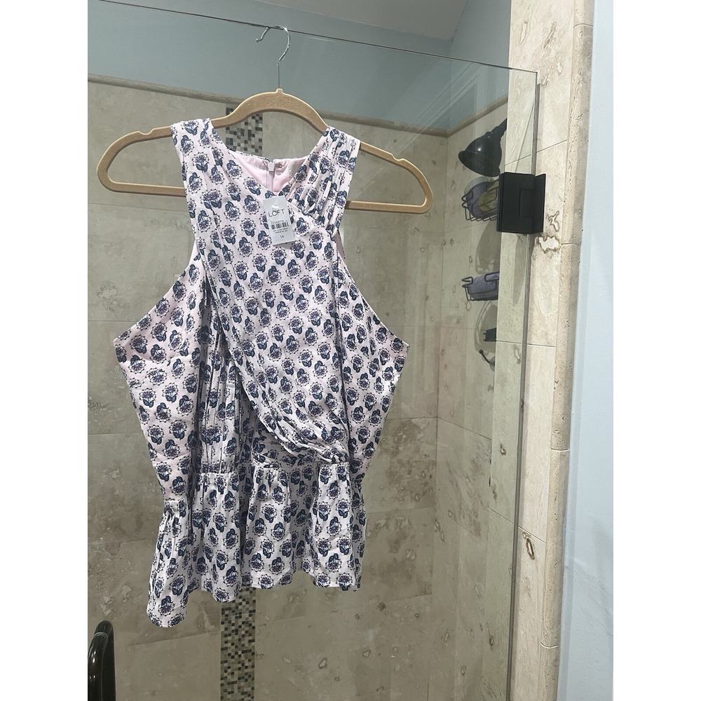 Loft Pink Floral Peplum Crossover Halter Tank Top Size 14 New Nwt Coastal Blue
